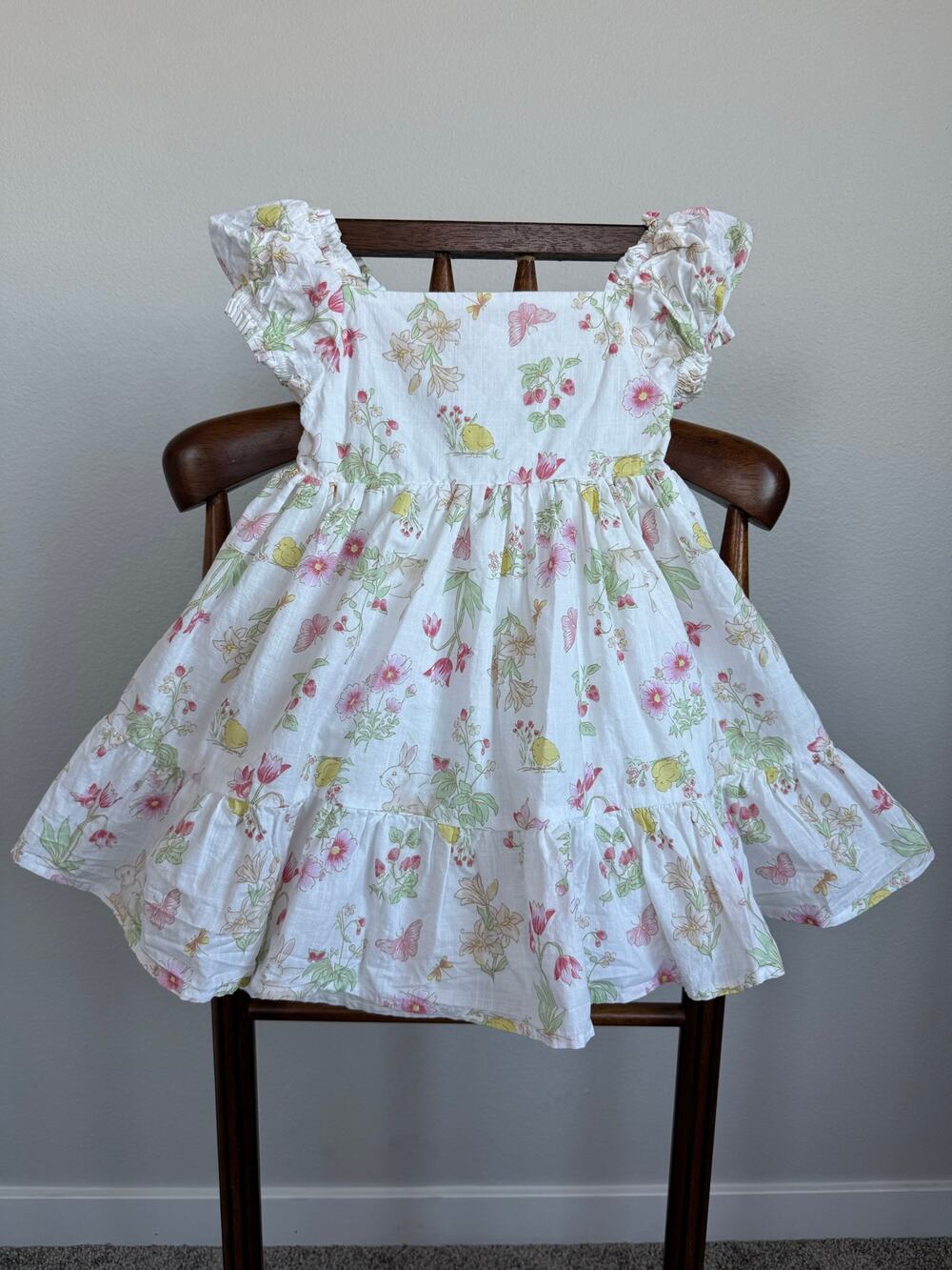 Shabby Chic Girls Easter Bunny Floral Dress Size 5 Cotton Cottagecore Puff Twirl